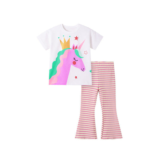 Summer Baby Kids Cartoon Unicorn Pattern T-shirt and Striped Pants Clothing Set for Girls
