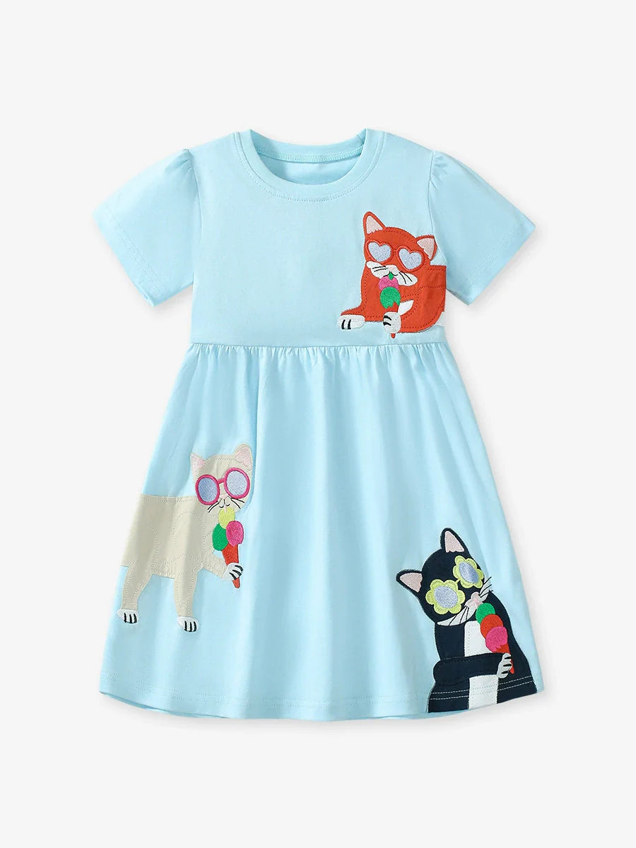 Summer Pure Cotton Animals Cartoon Pattern Short Sleeves Dress for Stylish Girls-1