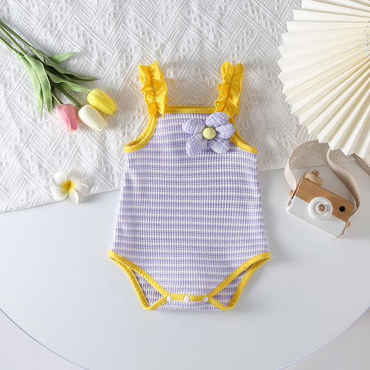 Baby Girl Striped Pattern Floral Patched Design Sling Onesies