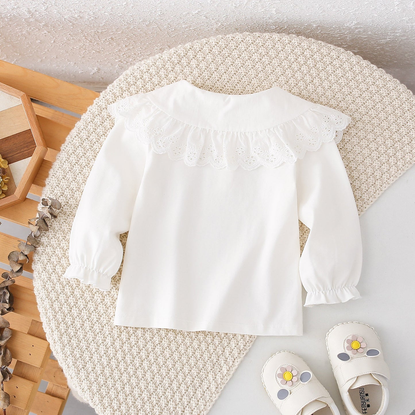 Autumn New Arrival Girls Peter Pan Collar Short Sleeves Solid Color Floral Pattern Embroidery Top Shirt-1
