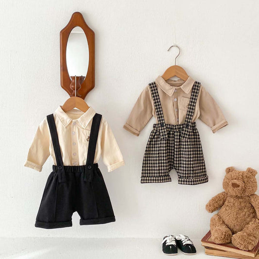 Spring Baby Kids Unisex Plain Long Sleeves Base Shirt And Overalls Clothing Set