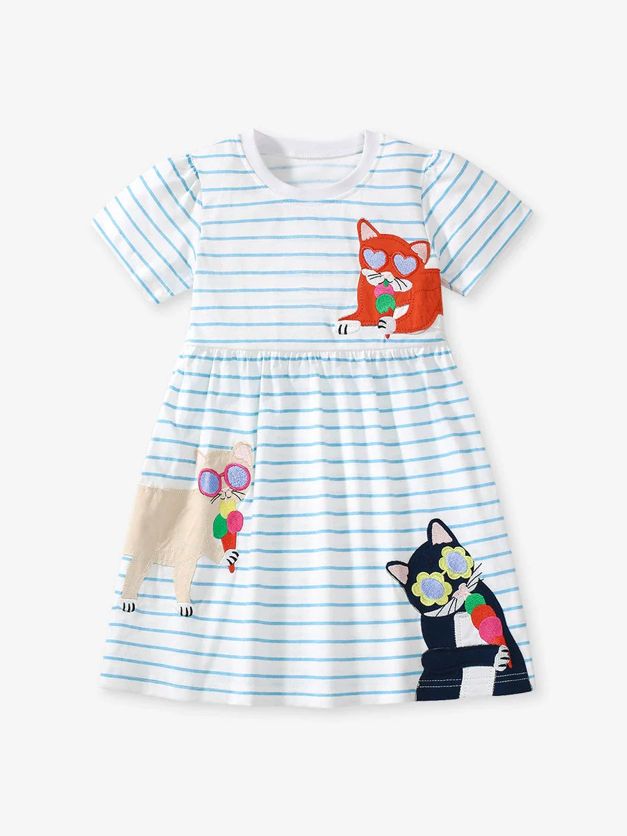 Summer Pure Cotton Animals Cartoon Pattern Short Sleeves Dress for Stylish Girls-2
