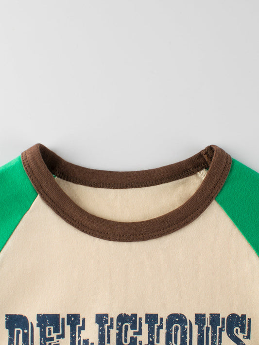 Autumn Arrival Kids Girls Cartoon Print Crew Neck Long Sleeves Color Patchwork Top