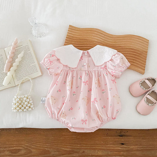 Summer Hot Selling Baby Girls Short Sleeves Teddy And Bows Pattern Pink Onesie