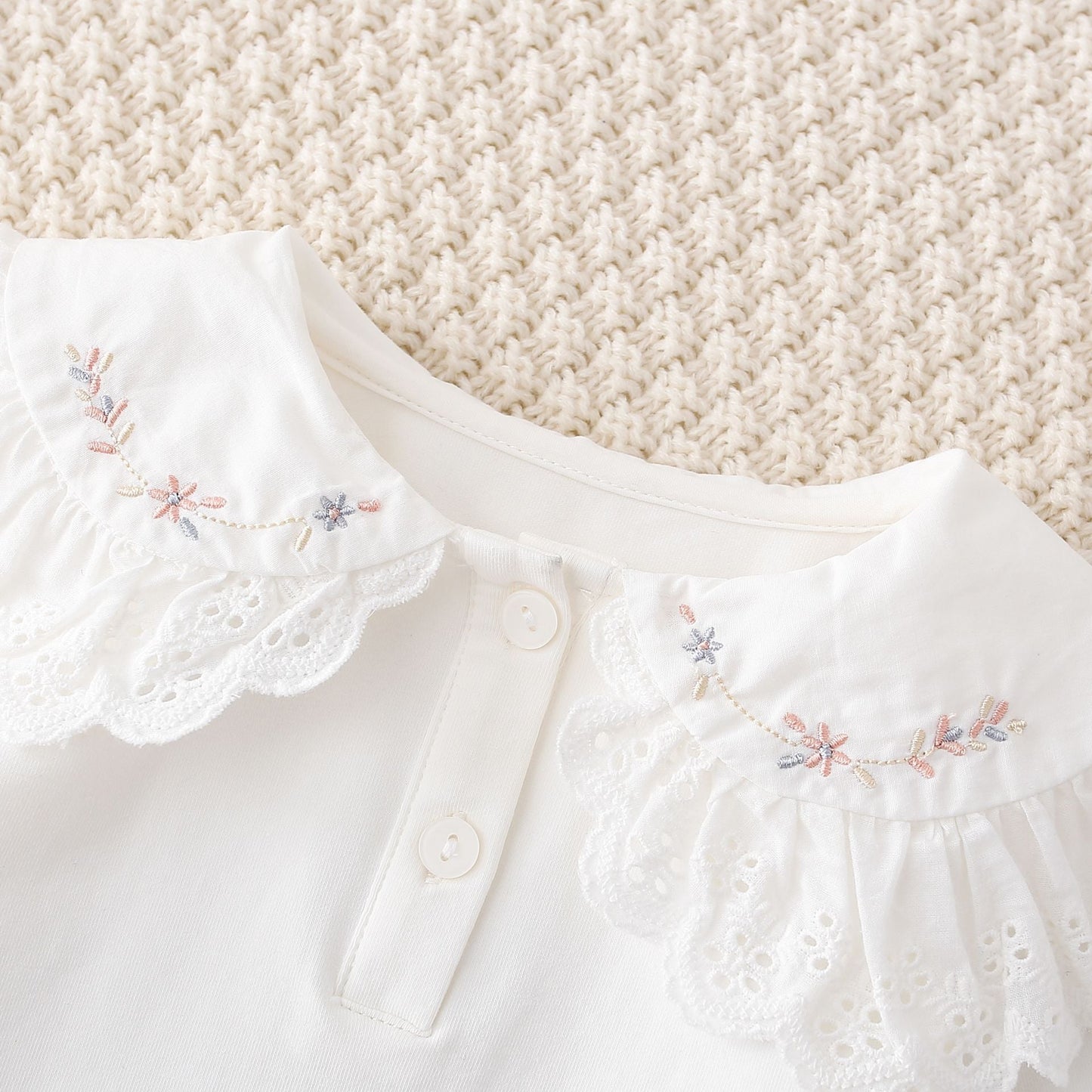 Autumn New Arrival Girls Peter Pan Collar Short Sleeves Solid Color Floral Pattern Embroidery Top Shirt-2
