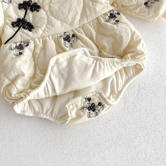 Infant Baby Girl Jacquard Embroidery Thick Warm Long Sleeve One Piece In Winter