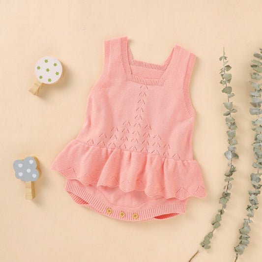 Baby Girl 1pcs Hollow Carved Design Square Neck Ruffle Deisign Knitted Onesies