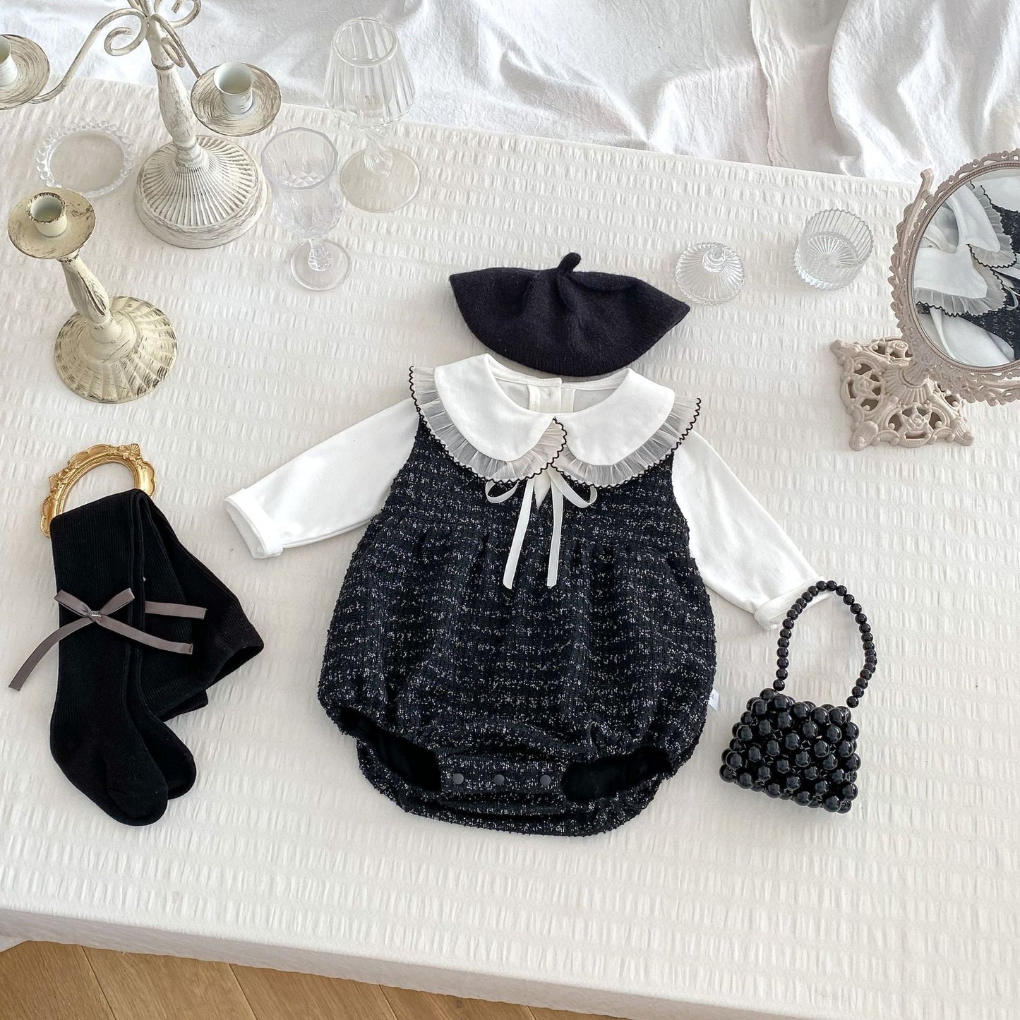 Arrival Spring Girls Long Sleeves Lace-trim Turn-down Collar Top and Sleeveless Onesies Set Clothing Set-1