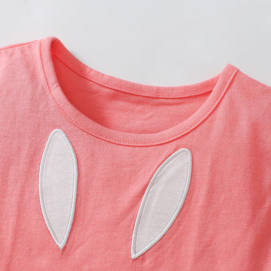 Summer Baby Kids Cartoon Rabbit Pattern T-shirt and Striped Pants Clothing Set for Girls