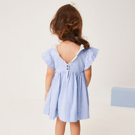 Spring And Summer Baby Girls Ruffle Collar Short Sleeves Striped Dress