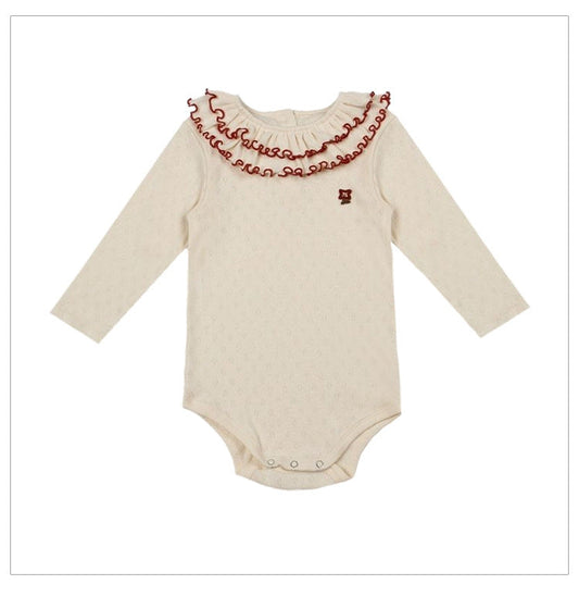 Spring Arrival Baby Girls Long Sleeves Ruffle Design Onesies Bodysuits with Simple Embroidery