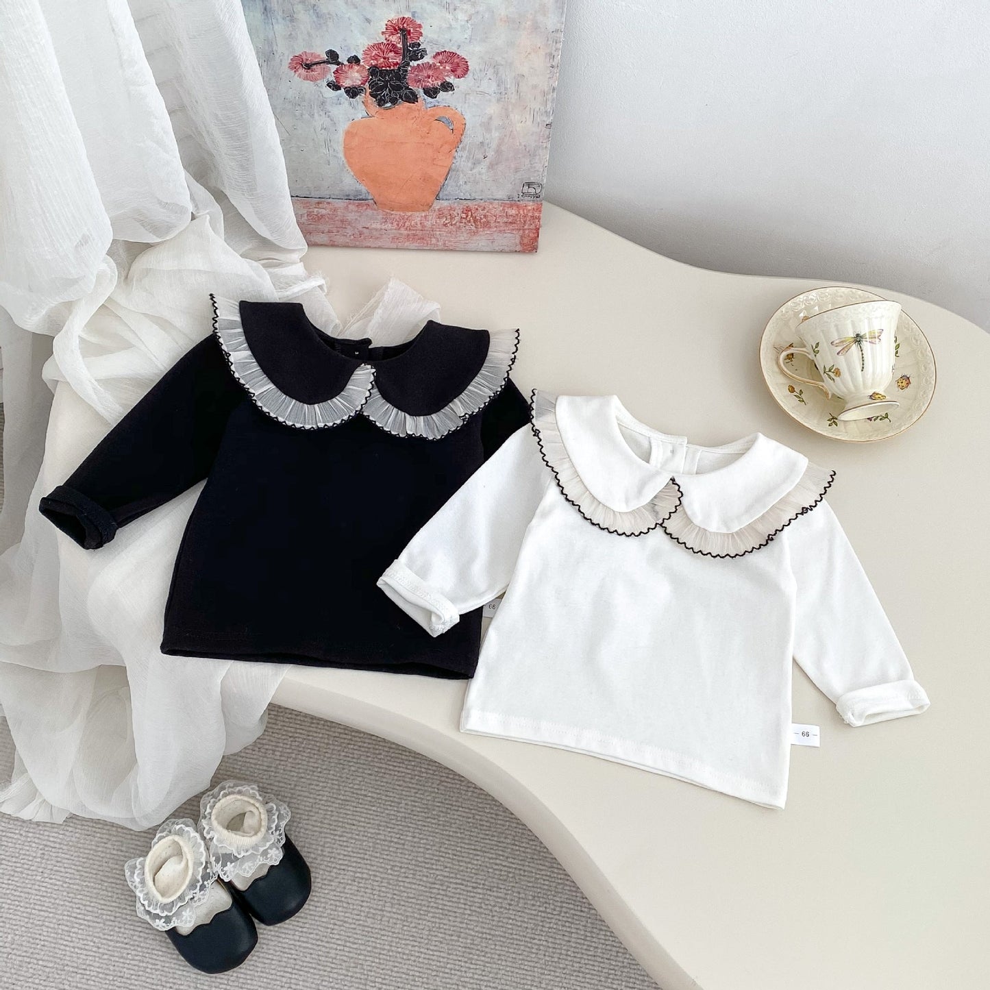 Arrival Spring Girls Long Sleeves Lace-trim Turn-down Collar Top and Sleeveless Onesies Set Clothing Set-2