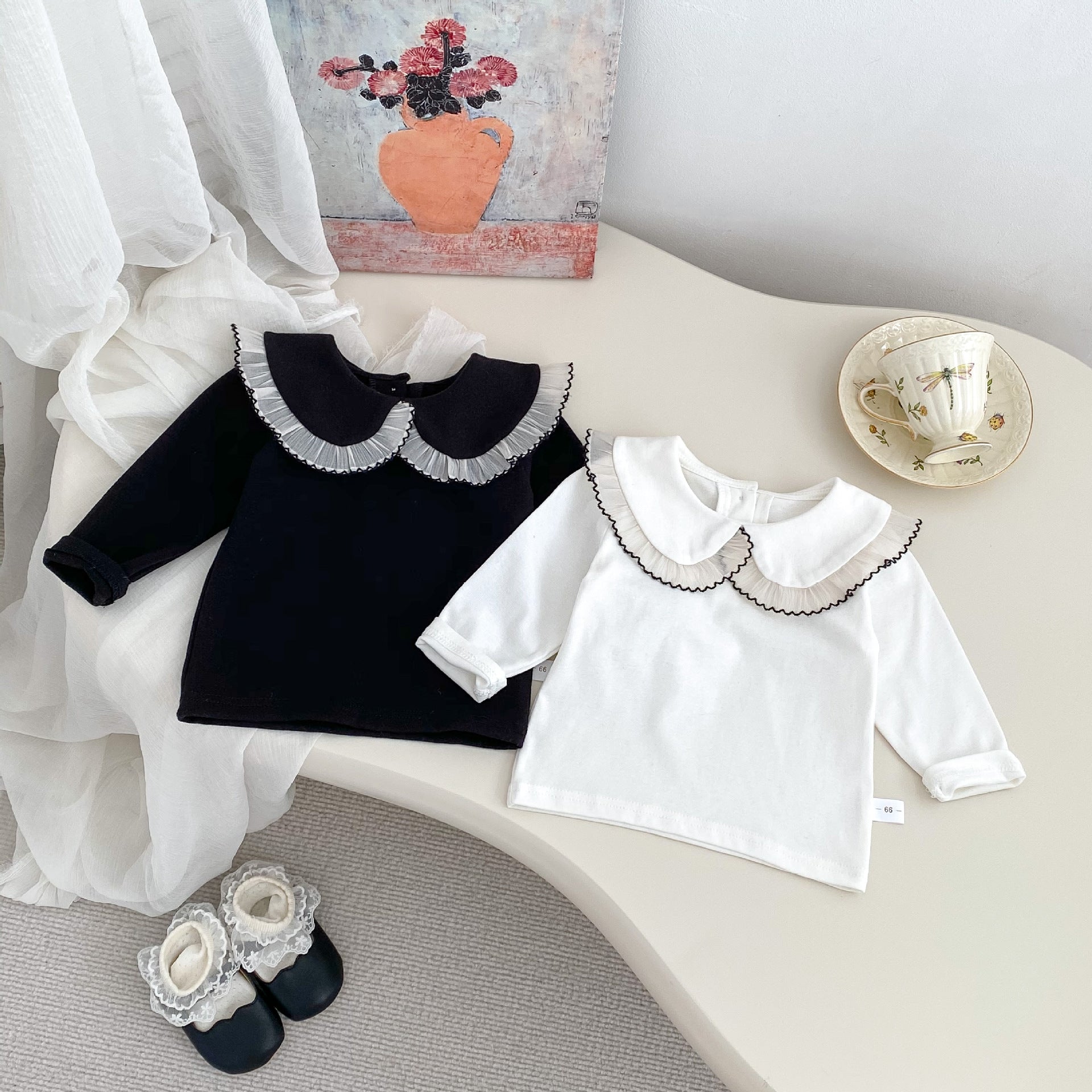 Arrival Spring Girls Long Sleeves Lace-trim Turn-down Collar Top and Sleeveless Onesies Set Clothing Set-2