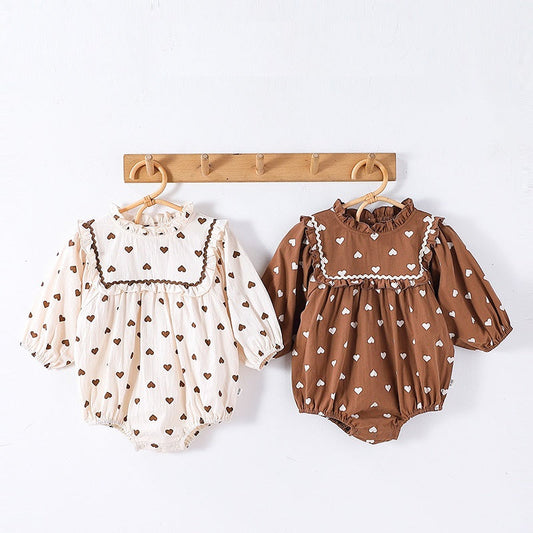 Spring Arrival Baby Girls Long Sleeves Simple Heart Pattern Onesies