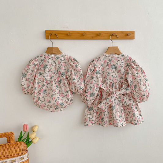 Baby Girl Flower Print Pattern Mesh Patchwork Design Onesies or Dress