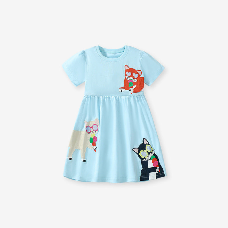 Summer Pure Cotton Animals Cartoon Pattern Short Sleeves Dress for Stylish Girls-3