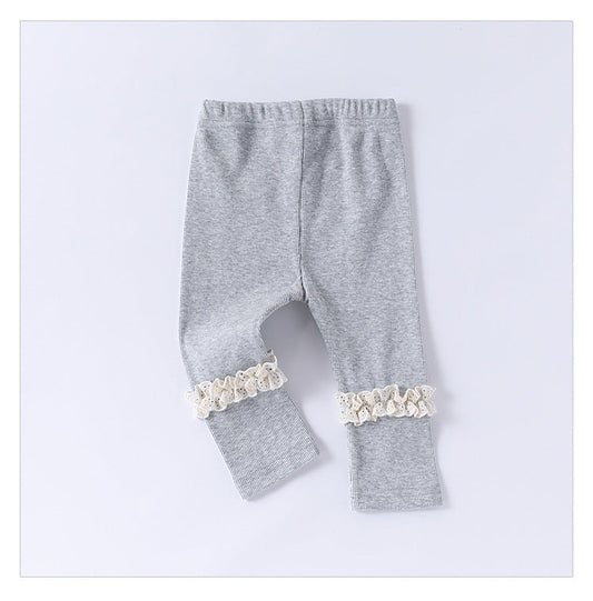 Children’s Spring Lace Trim Attached Breathable Pants for Girls – Home Trousers