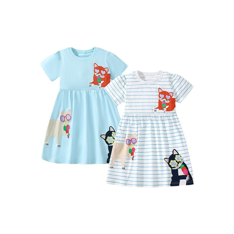Summer Pure Cotton Animals Cartoon Pattern Short Sleeves Dress for Stylish Girls-0