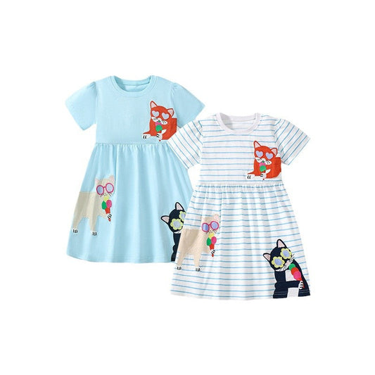 Summer Pure Cotton Animals Cartoon Pattern Short Sleeves Dress for Stylish Girls-0