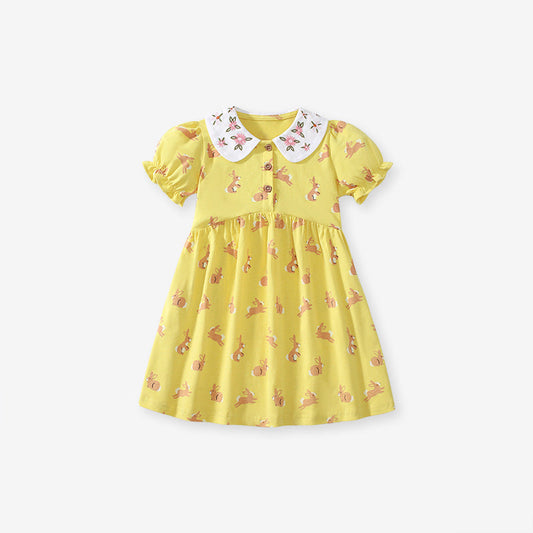 Summer Arrival Cartoon Rabbits Pattern Short Sleeves Dress for Stylish Girls