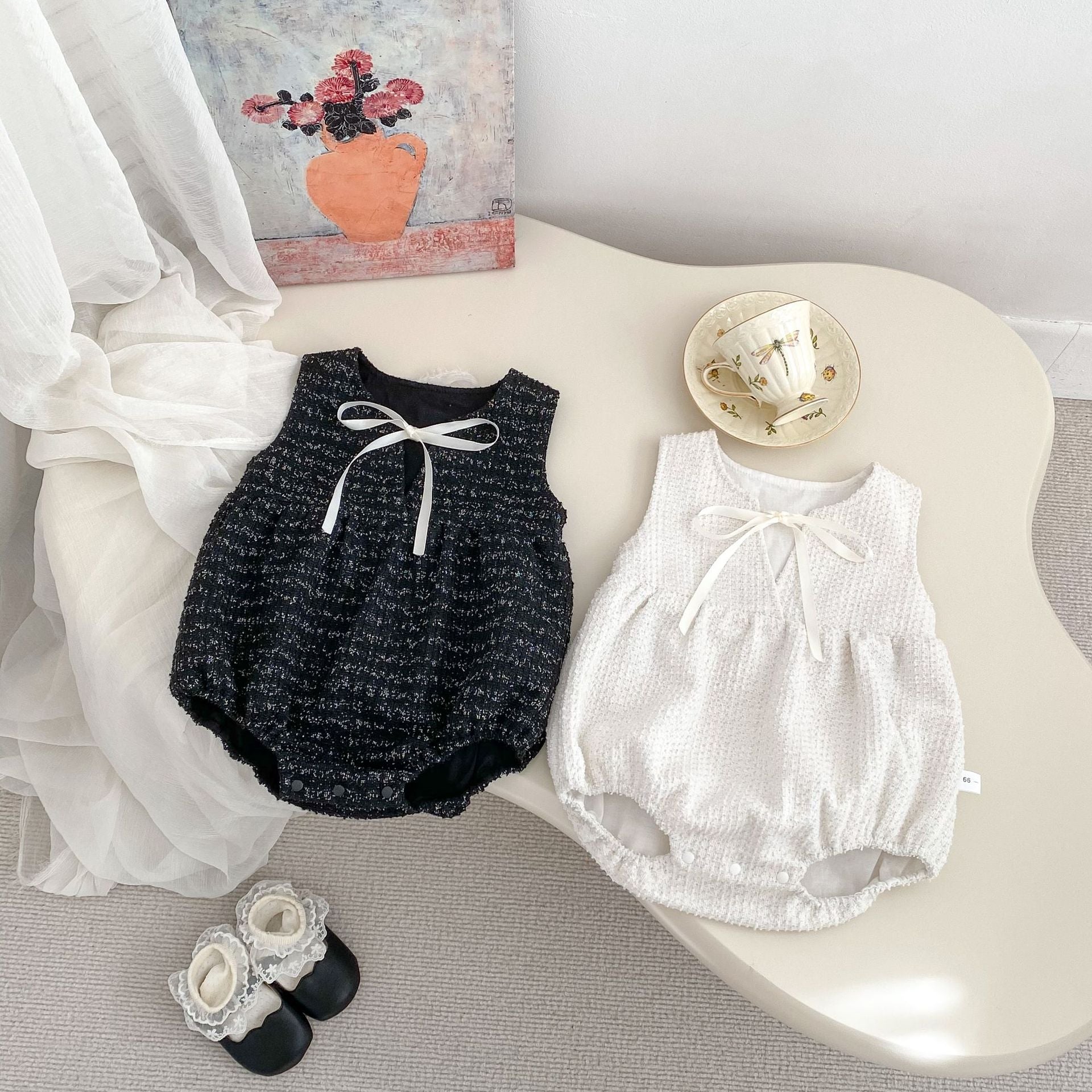 Arrival Spring Girls Long Sleeves Lace-trim Turn-down Collar Top and Sleeveless Onesies Set Clothing Set-3
