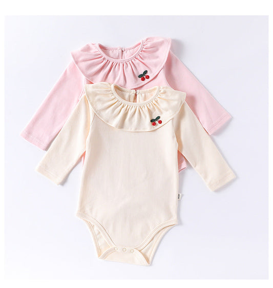 Spring Arrival Baby Girls Long Sleeves Cherry Embroidered Collar Onesies Bodysuits