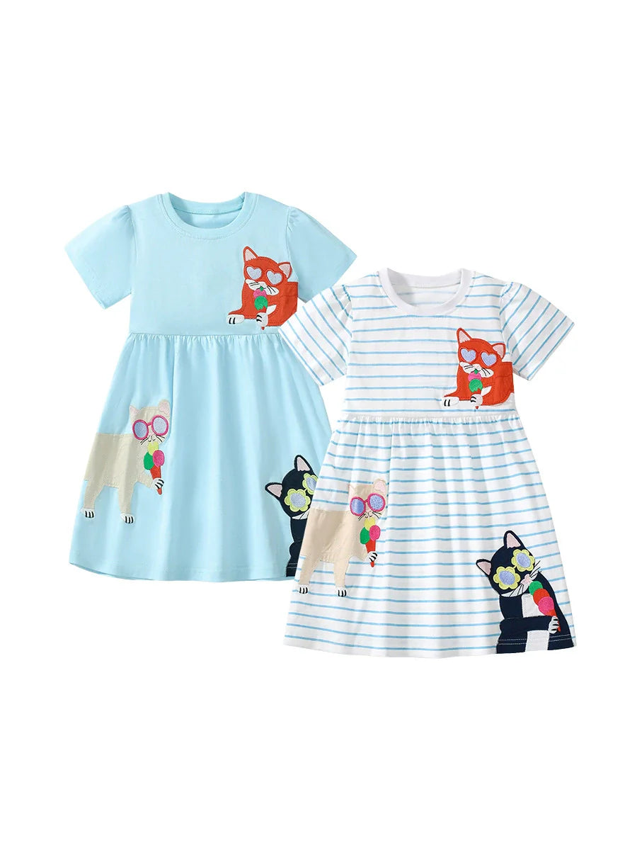 Summer Pure Cotton Animals Cartoon Pattern Short Sleeves Dress for Stylish Girls-4