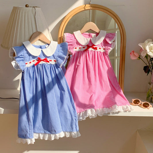 Summer Baby Kids Girls French Fly Sleeves Floral Pattern Embroidered Pattern Plaid Dress