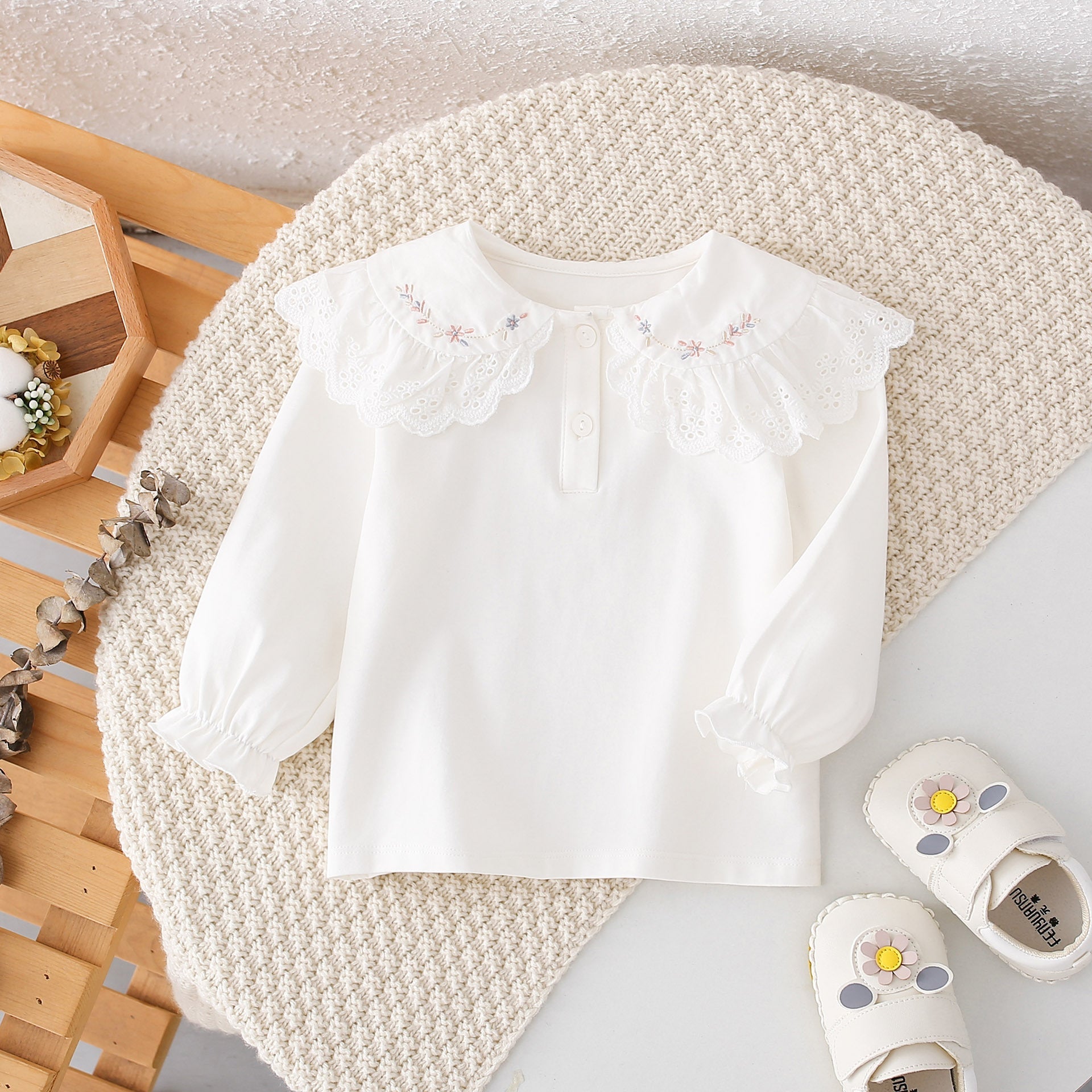 Autumn New Arrival Girls Peter Pan Collar Short Sleeves Solid Color Floral Pattern Embroidery Top Shirt-4