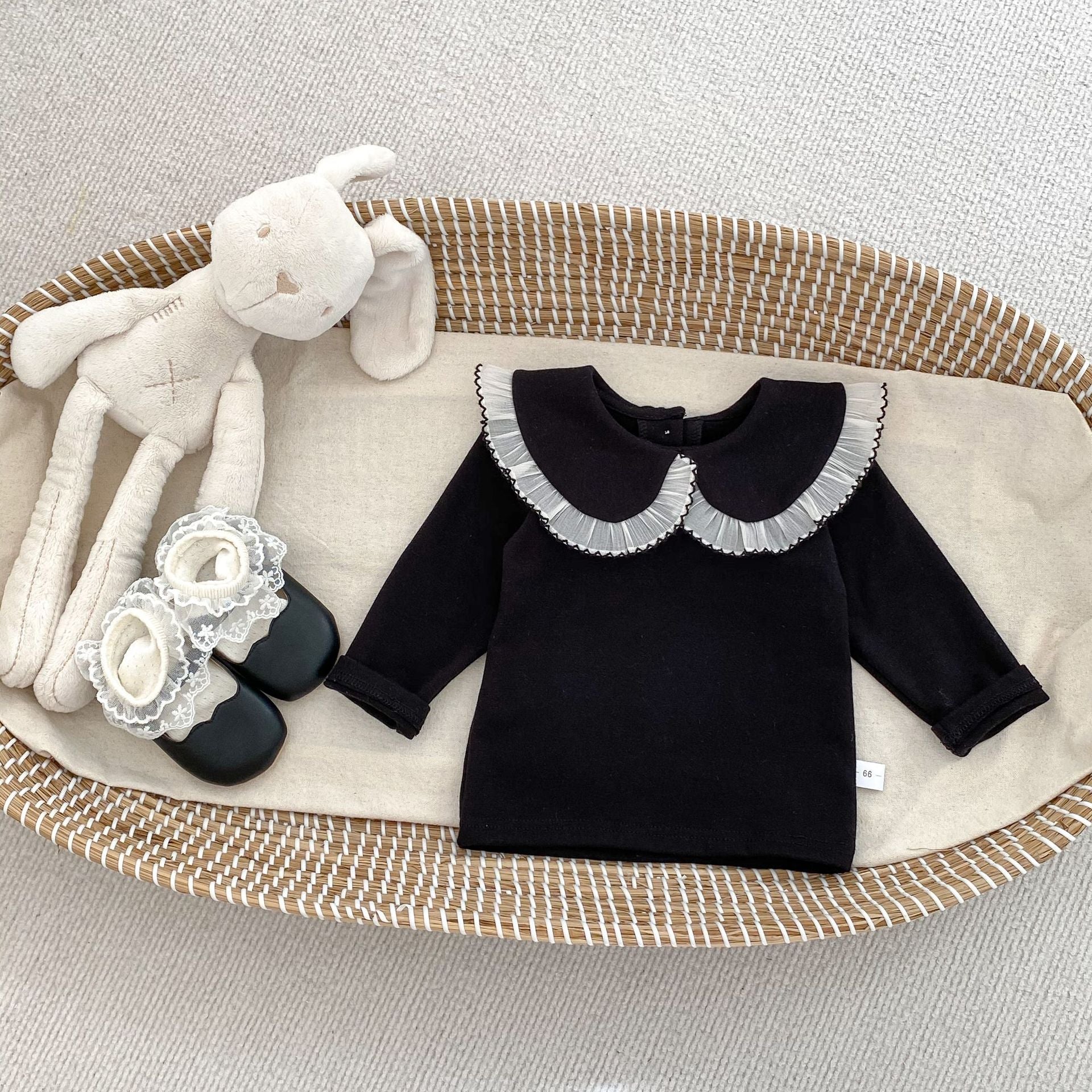 Arrival Spring Girls Long Sleeves Lace-trim Turn-down Collar Top and Sleeveless Onesies Set Clothing Set-4