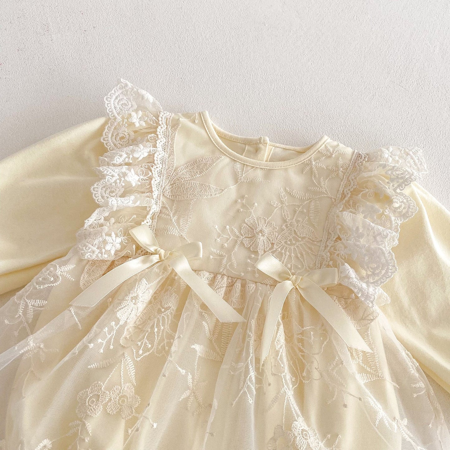 Spring Arrival Baby Girls Cute Floral Embroidered Tulle Long Sleeves Onesies