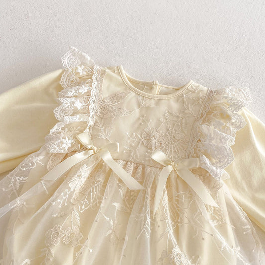 Spring Arrival Baby Girls Cute Floral Embroidered Tulle Long Sleeves Onesies