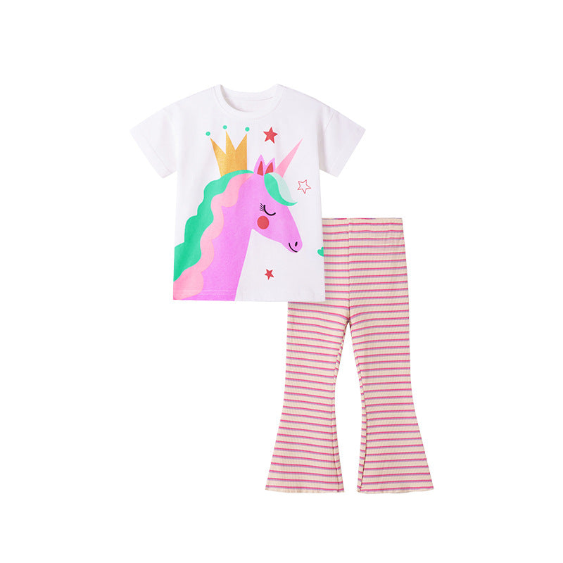 Summer Baby Kids Cartoon Unicorn Pattern T-shirt and Striped Pants Clothing Set for Girls