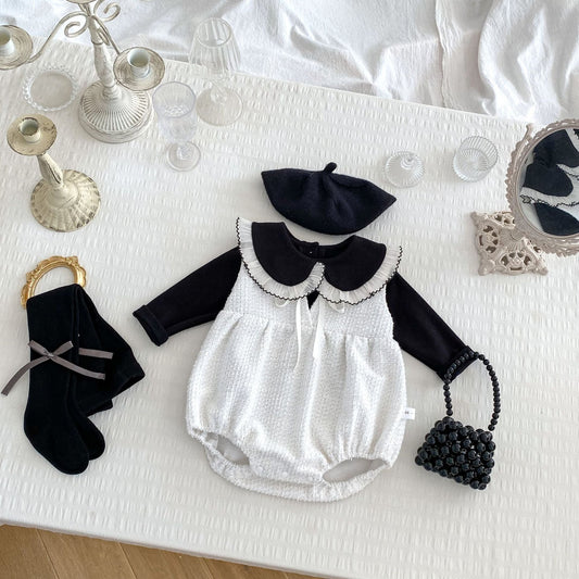 Arrival Spring Girls Long Sleeves Lace-trim Turn-down Collar Top and Sleeveless Onesies Set Clothing Set-0