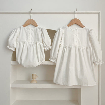 Spring/Autumn Baby Onesies And Dress For Girls With White Lace Trim – Princess Sister Matching Set