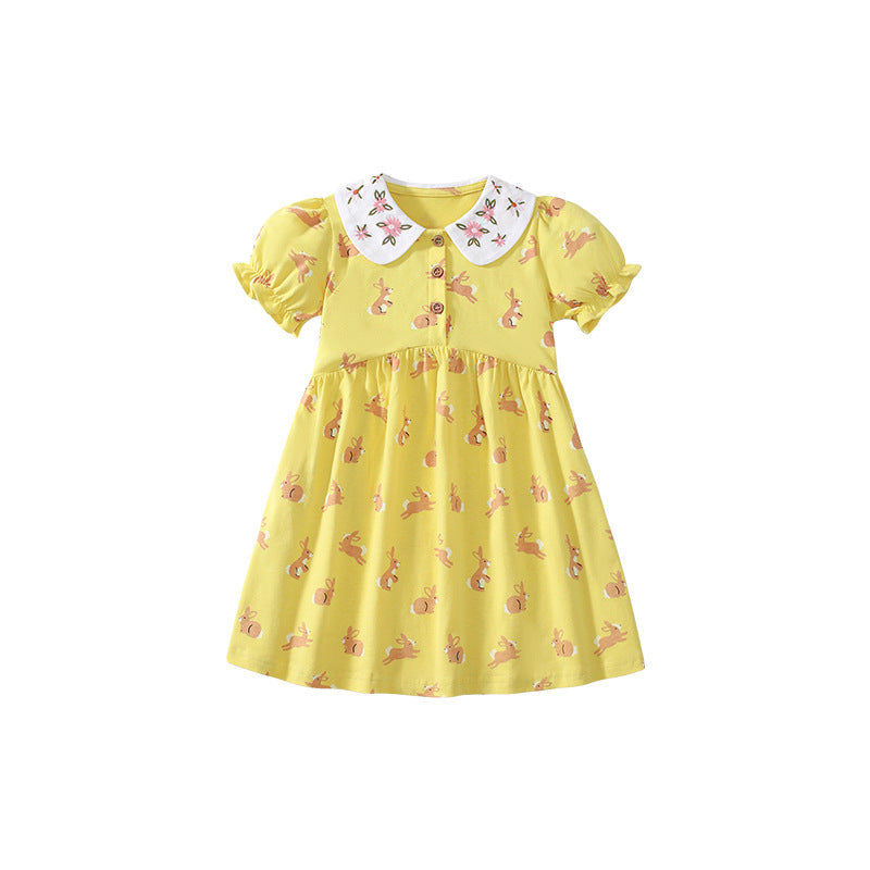 Summer Arrival Cartoon Rabbits Pattern Short Sleeves Dress for Stylish Girls