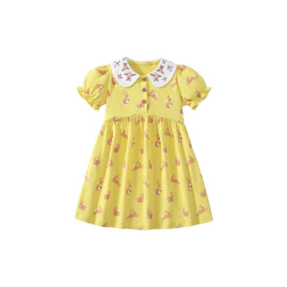 Summer Arrival Cartoon Rabbits Pattern Short Sleeves Dress for Stylish Girls