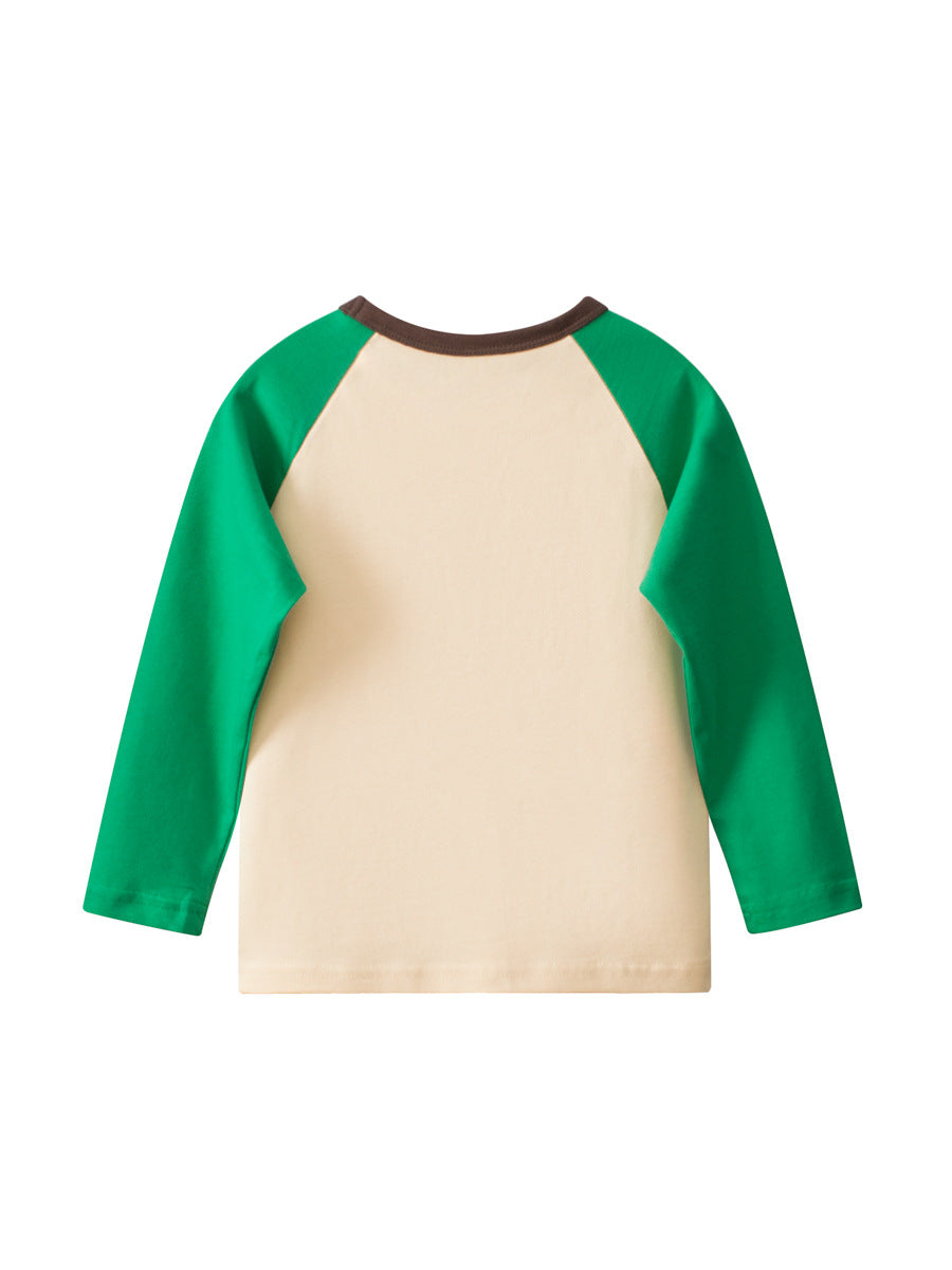 Autumn Arrival Kids Girls Cartoon Print Crew Neck Long Sleeves Color Patchwork Top