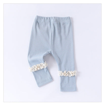 Children’s Spring Lace Trim Attached Breathable Pants for Girls – Home Trousers