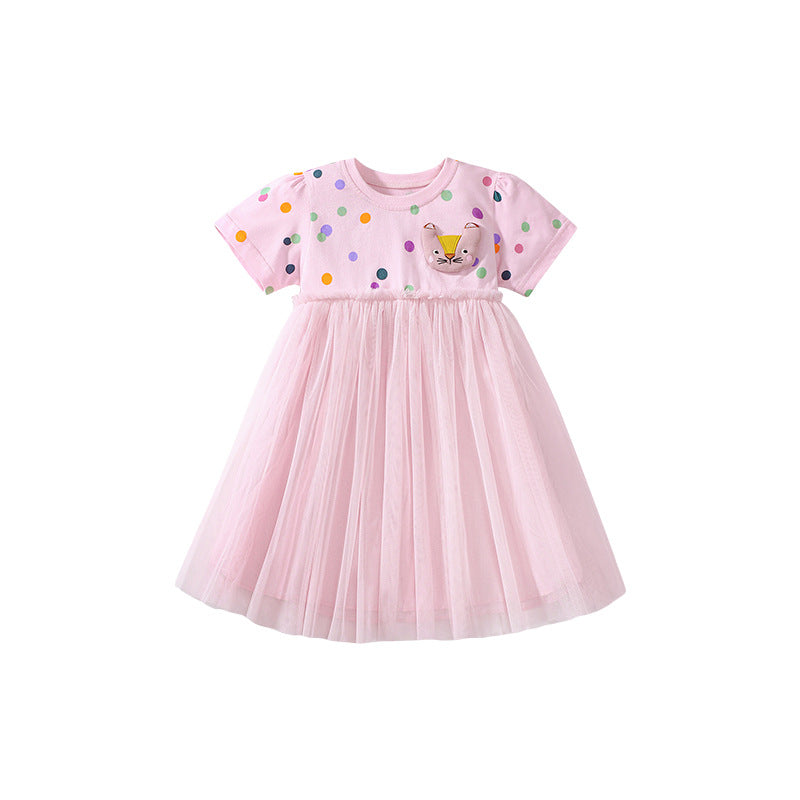 Summer Arrival Polka Dots Pattern Short Sleeves Tulle Patchwork Dress for Stylish Girls