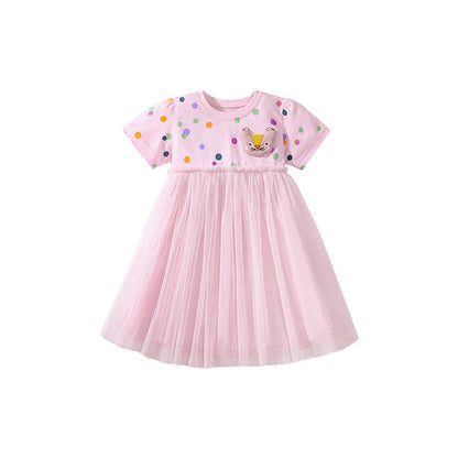 Summer Arrival Polka Dots Pattern Short Sleeves Tulle Patchwork Dress for Stylish Girls