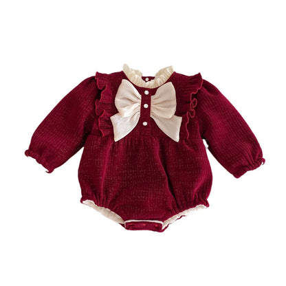 Autumn and Winter Arrival Baby Girls Long Sleeves Ruffle Neck Cozy Fleece Onesies Bodysuits