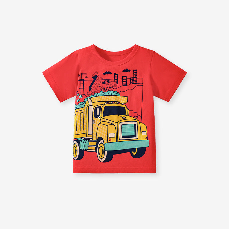 Kids’ Trucks Cartoon Pattern Short Sleeves T-shirt in European and American Style for Summer
