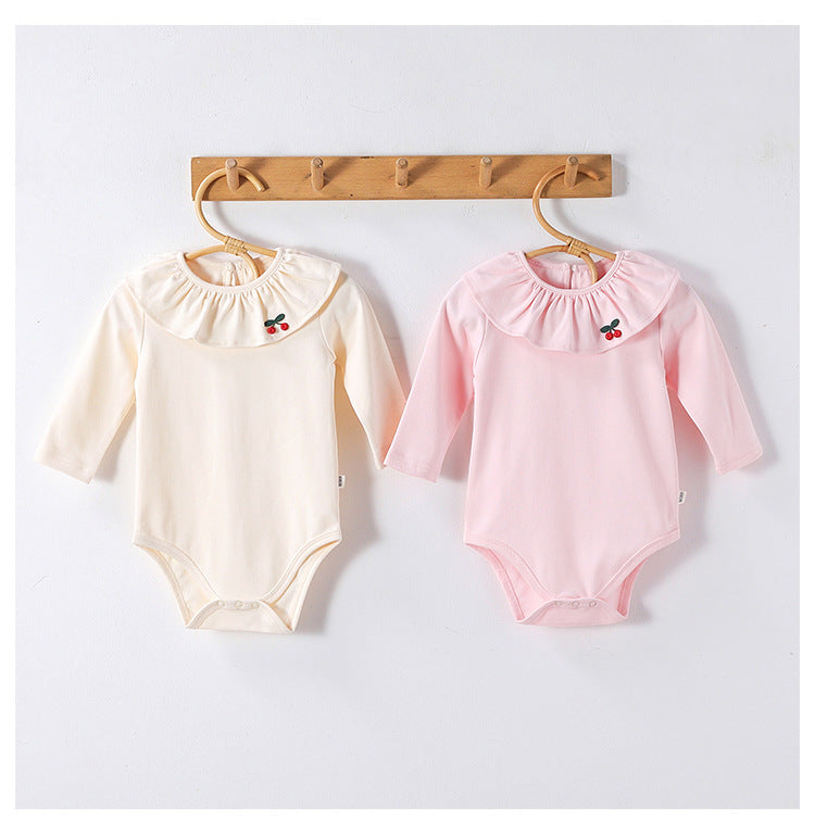 Spring Arrival Baby Girls Long Sleeves Cherry Embroidered Collar Onesies Bodysuits
