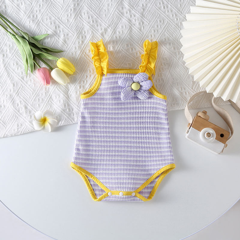 Baby Girl Striped Pattern Floral Patched Design Sling Onesies