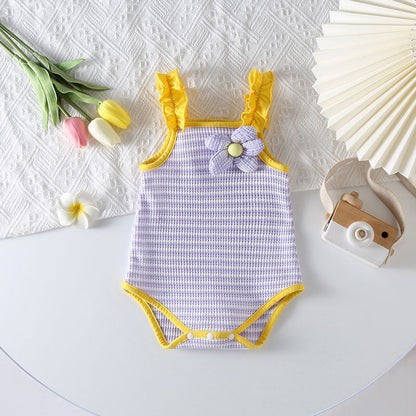 Baby Girl Striped Pattern Floral Patched Design Sling Onesies