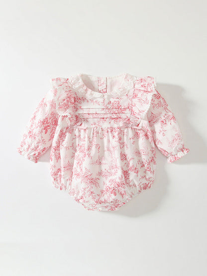 Spring Arrival Baby Girls Flowers Pattern Lace-Trim Collar Onesies Bodysuits-1