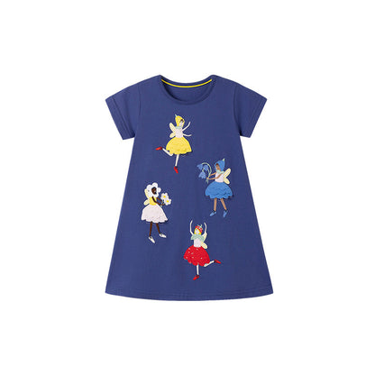 Summer Arrival Cartoon Dancers Pattern Short Sleeves Dress for Stylish Girls
