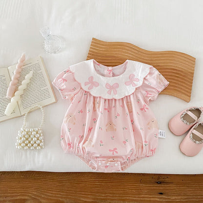 Summer Hot Selling Baby Girls Short Sleeves Teddy And Bows Pattern Pink Onesie
