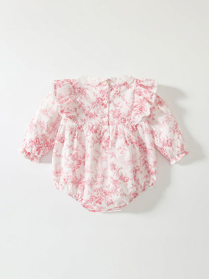 Spring Arrival Baby Girls Flowers Pattern Lace-Trim Collar Onesies Bodysuits-2